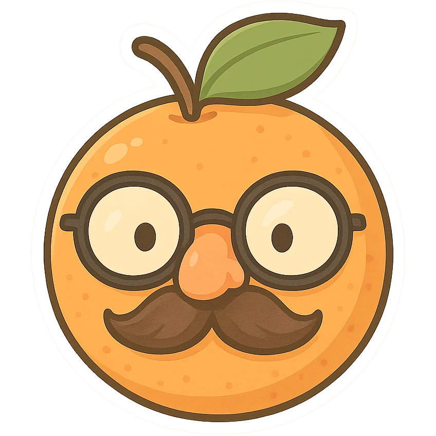 an orange fruit wearing a funny disguise, such as glasses and a mustache emoji