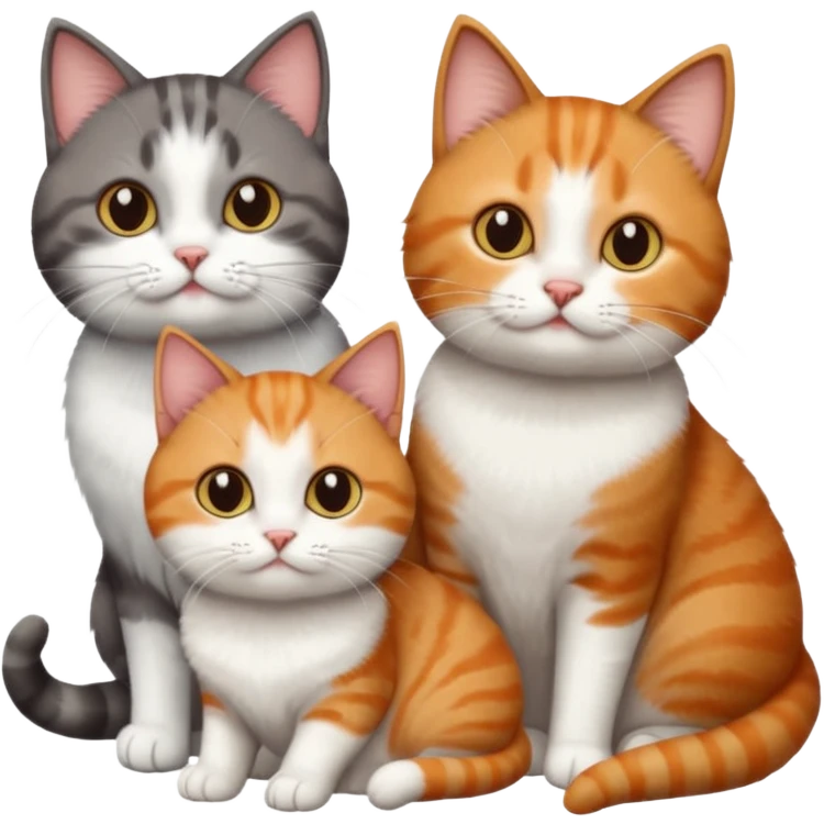 3 different coloured short haired cats including; a dark brown tabby and white cat, and a dark grey and white and a ginger and white emoji