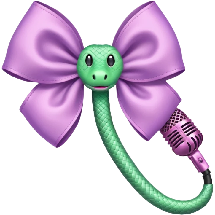 A pastel pink bow with a pastel green snake on the top of one side and a pastel purple microphone on the bottom of the other side emoji