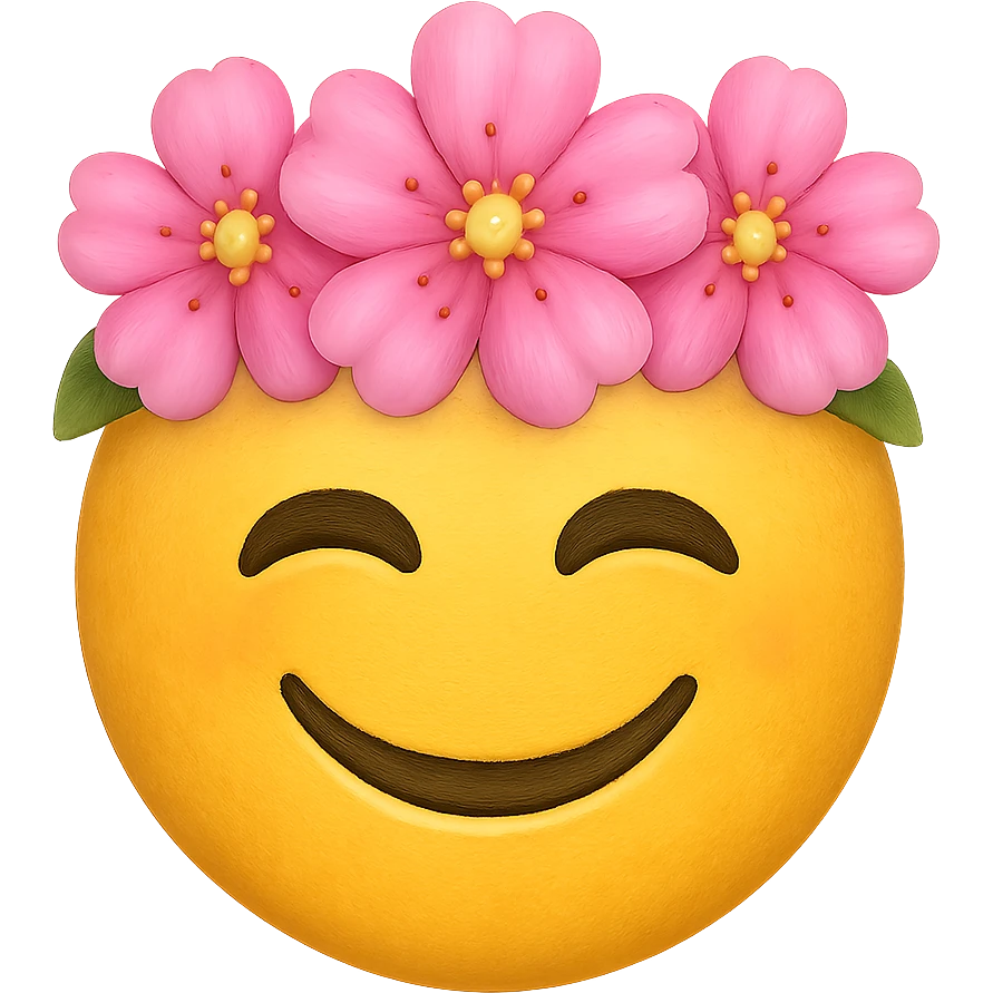yellow face with pink flower crown emoji, digital illustration, remove background emoji