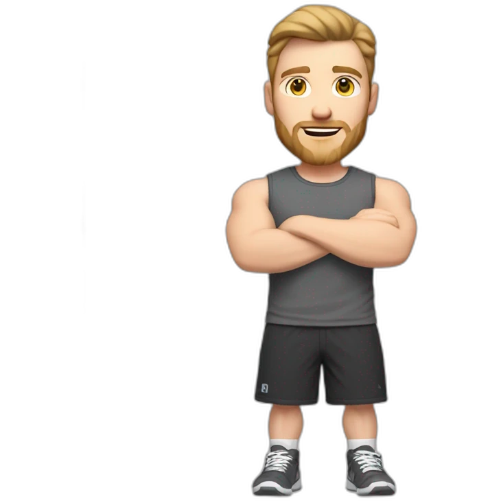 Full height Pale skinned fit man With biceps, Realistic eyes and mouth, light brown hair and stubble In dark gray sleeveless mike, black oversize sports shorts, watch and white sneakers. emoji