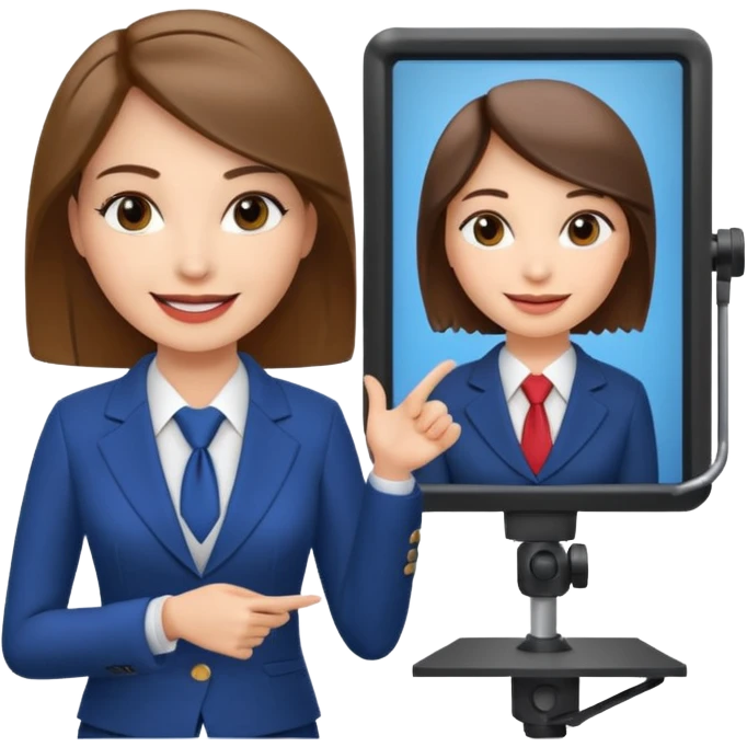 news anchor woman, with a screen with a prompter in front of her emoji