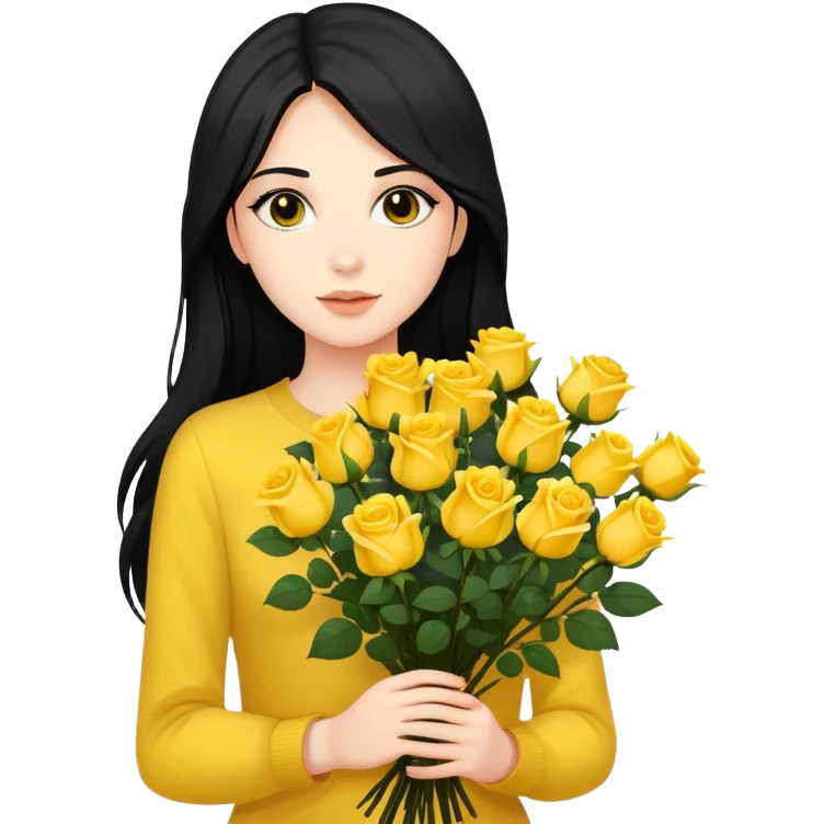 Beautiful girl with long black hair holding a bouquet of yellow roses emoji