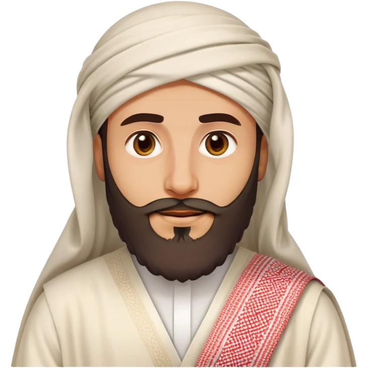Saudi man emoji style, wide beard, angular features, white thobe, red shemagh, welcoming expression emoji