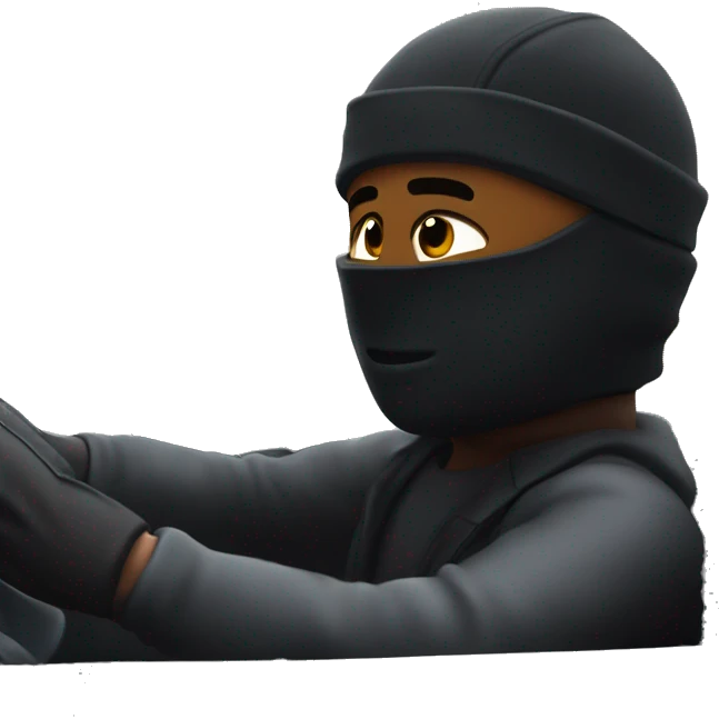 Side POV of a white roadman in a black ski mask driving a sports car, city streets blurred in the background, intense and focused expression emoji