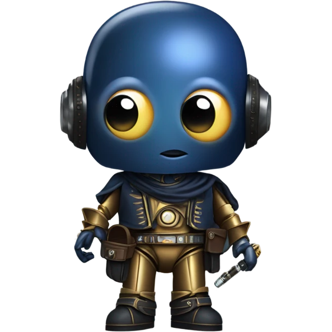 darkblue-pearl friendly smiling bounty hunter c3po droid wearing leather wild west duster, backpack, saddlebags and light saber ready to fight at ease. steampunk emoji