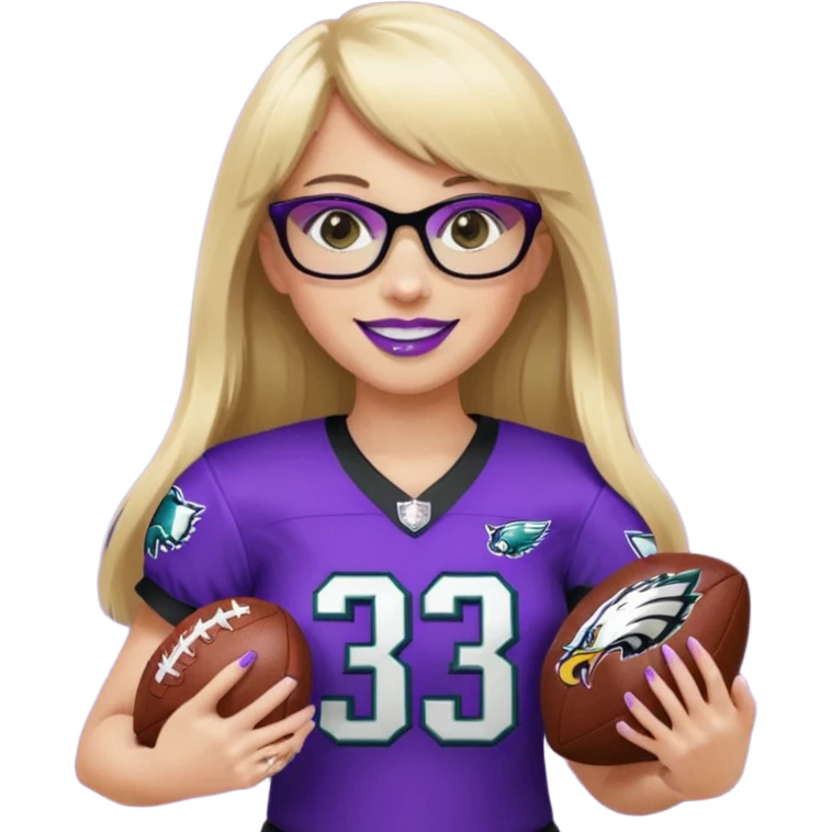 full length women wearing eagles uniform, long blonde hair, blunt bangs, black glasses, holding football, number 33, smiling, purple lipstick emoji