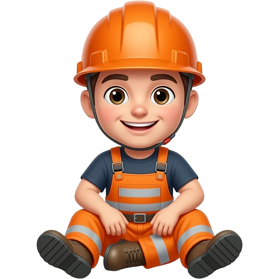 engineer sitting in full hi vis orange overalls, orange helmet, looking happy emoji