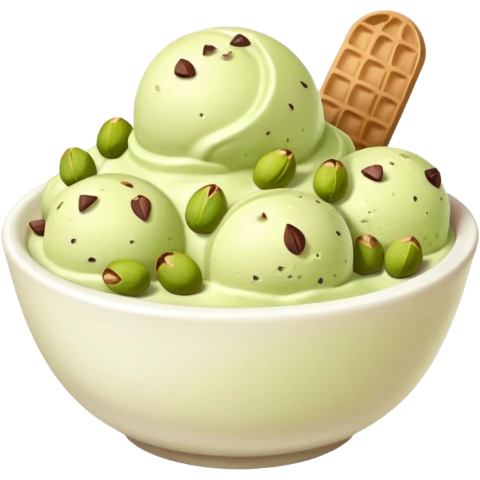 I want a emoji of pistachio ice cream with pistachio on top and some chocolate chips , make sure it’s in a bowl and aesthetic in a white bowl and make it look a little bit more green emoji