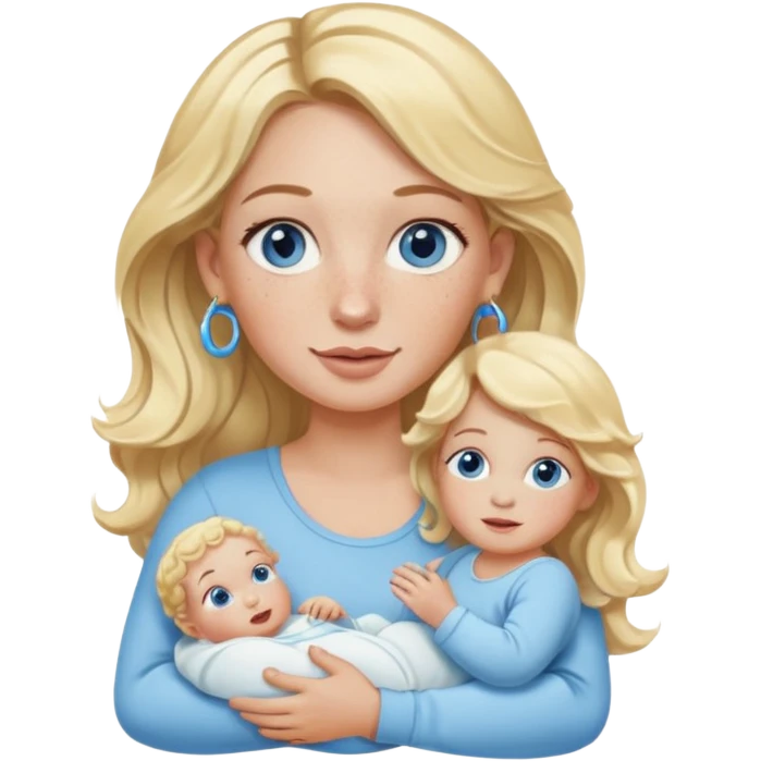 Wavy blonde, white woman with blue eyes, freckles hoop earrings, holding babies emoji