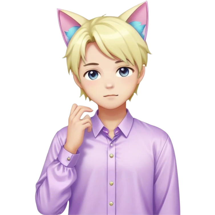 effeminate young colorful pastel femboy man with shiny hair, cat ears, blouse, cute, gorgeous, anime, catboy, full body emoji
