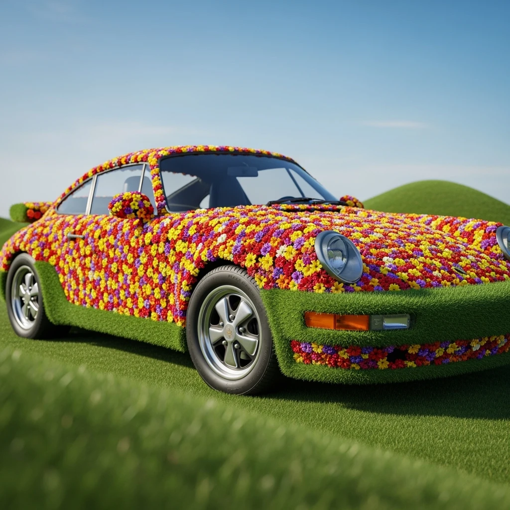 Closeup shot of a porsche 911, body of car made of grass and big colorfull flowers, green hill grass, blue clear sky, dutch angle, captured by ARRI 65 emoji