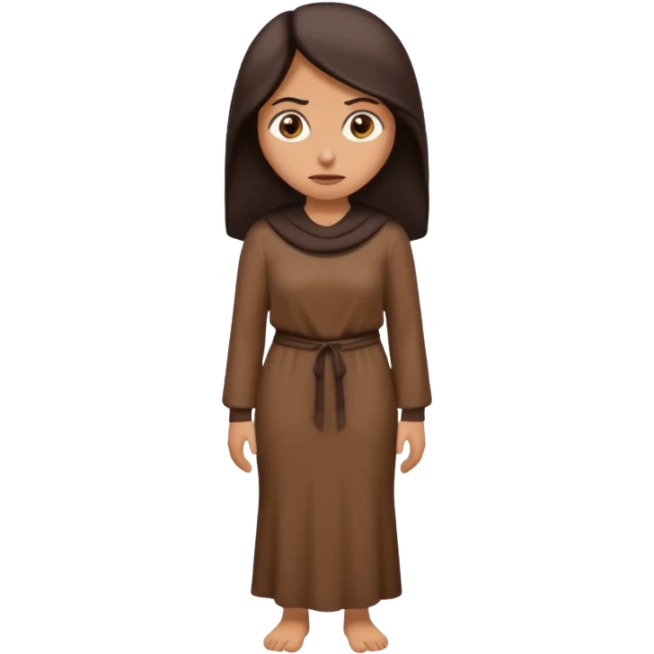 Cartoon emoji of a Middle Eastern-looking woman with long, loose dark hair, wearing chocolate-colored clothes. Full-height, standing, nervous, unsure, worried expression. Slightly hunched, anxious posture. Smooth, simple, stylized. emoji