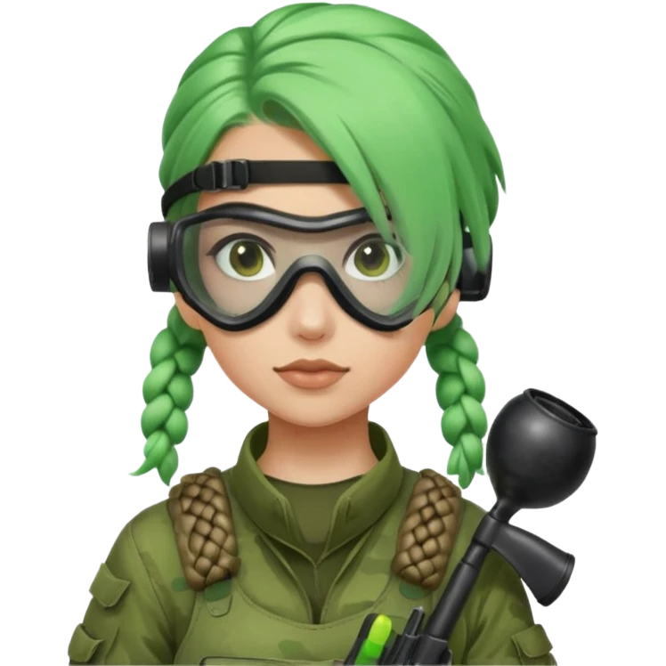 paintball player face girl braided green hair emoji