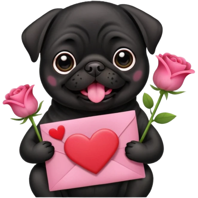 black pug holding valentine’s day card and flowers emoji