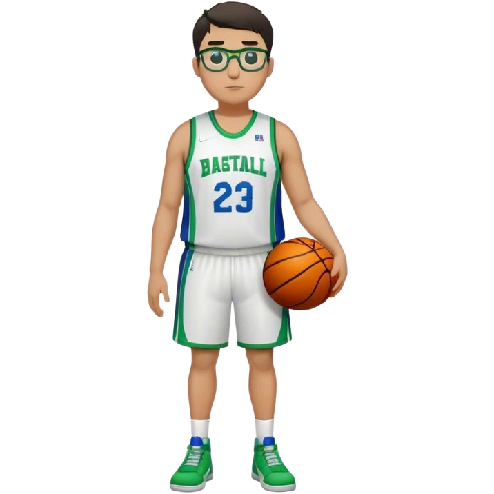 Full Body tall plus size white male with dark short hair basketball player wearing glasses wearing blue green uniform emoji