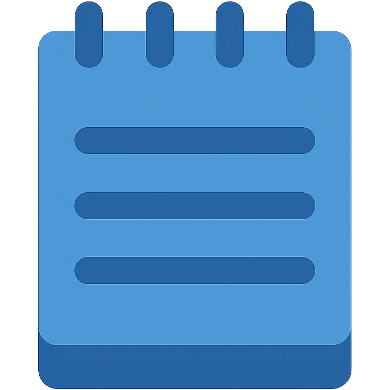 Recreate the notepad icon in a flat, modern blue style consistent with previous icons. Use almost exclusively shades of blue, with a fully transparent background. The icon should feature a simple notepad with a blue cover, blue rings, and blue lines, ensuring the notepad is clearly visible and not overly transparent. Use clean, simple lines, minimal use of other colors, and prioritize clarity and consistency with the other icons. emoji