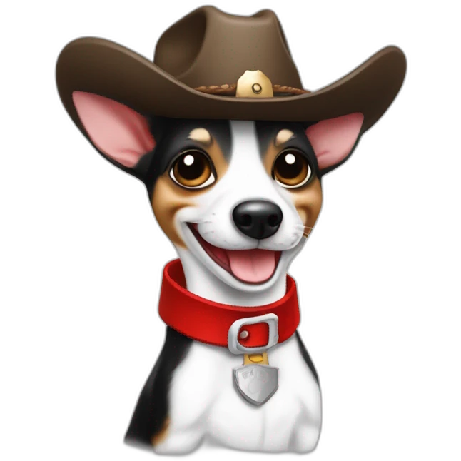 senior rat terrier wearing a cowboy hat and red collar smiling no brown (black and white) thumbs up emoji