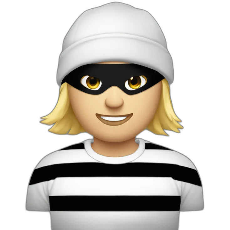 robber with blonde hair wearing a black beanie and a long sleeved white and black horizontally striped t-shirt and wearing black eye mask and a bag of money in his shoulder emoji