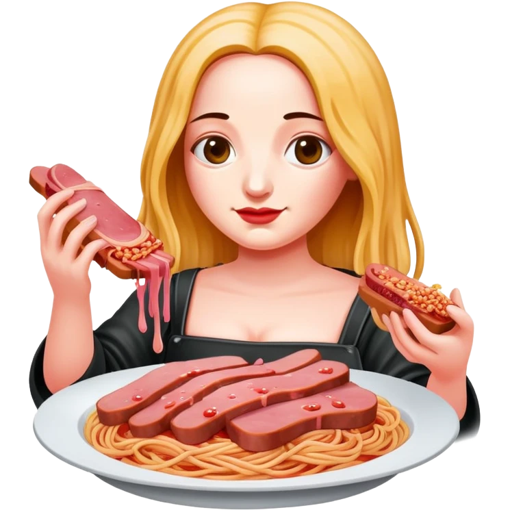 Monalisa holding SPAM meat melted pink dripping sauce spaghetti  emoji