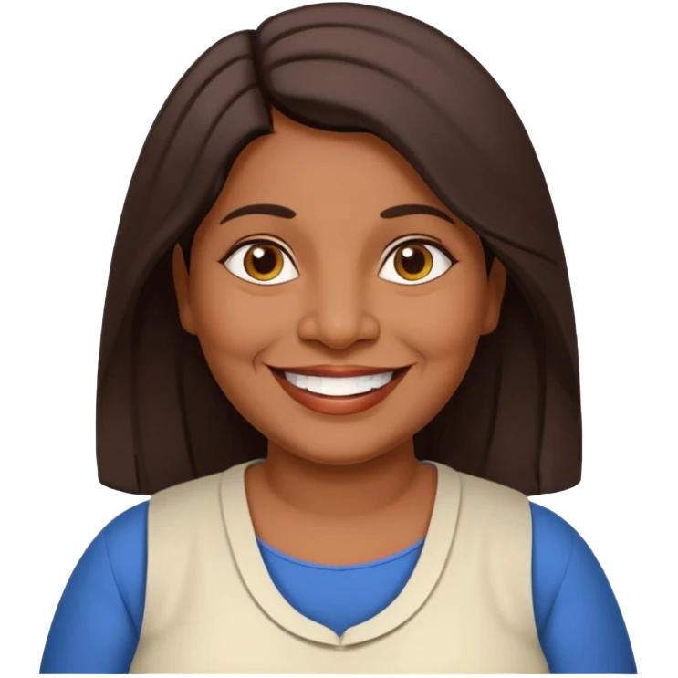 50 yr old chubby Sri Lankan woman, dark skin, straight brown hair, big smile, white teeth, european clothes, shoulder length hair emoji