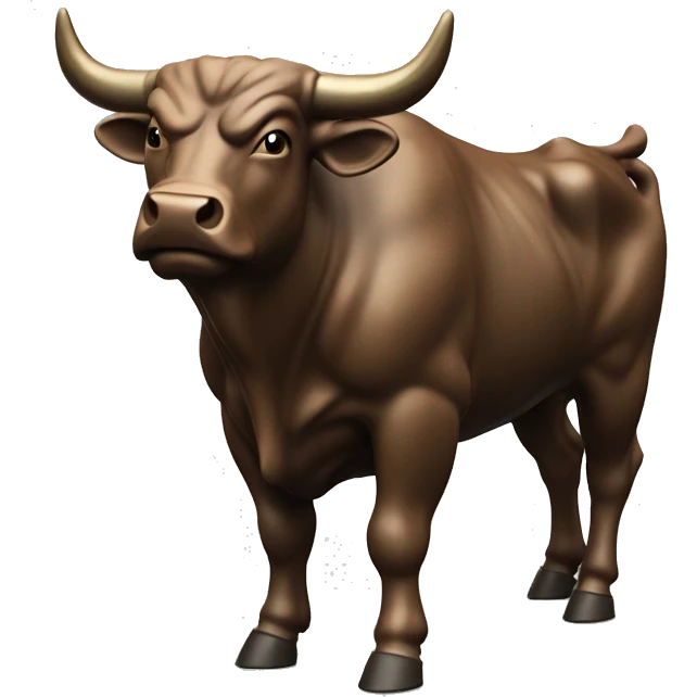 An emoji-style image of a bull resembling the Charging Bull statue. The bull should have a strong, muscular build, aggressive stance, and prominent horns. The bull should be brown with a shiny finish to mimic the bronze statue. emoji