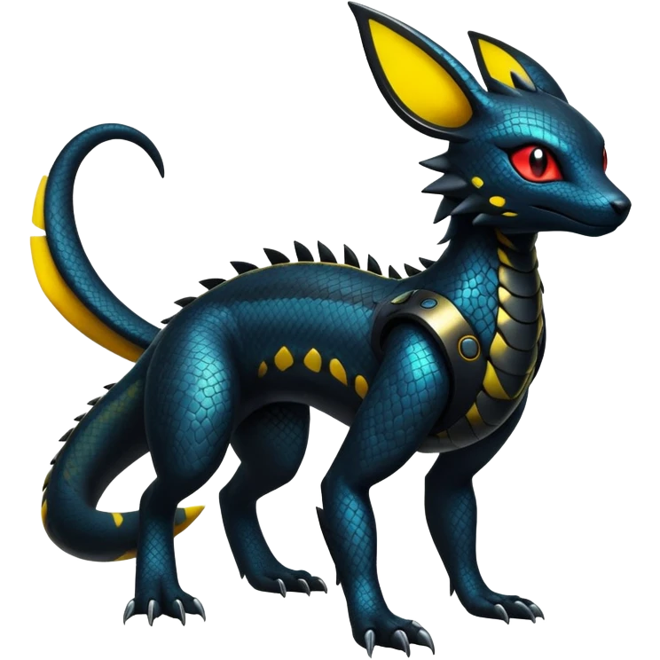 Modern Futuristic Scaly Cyber-Salandit-Umbreon-Litten-Hybrid (Full body) emoji