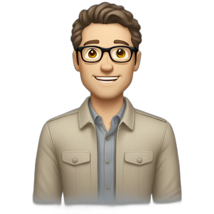 Joyful Pale skinned Fit Man With dark brown hair in gray jacket, beige office shirt, Brown pants and vintage glasses. His thrumbs up emoji