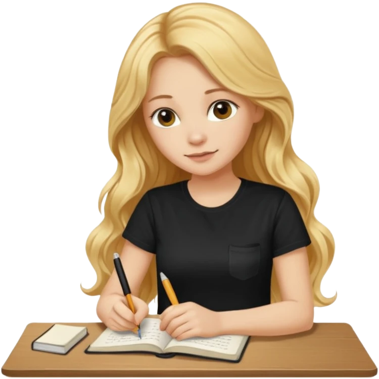 A beautiful blonde with long wavy hair in a black T-shirt sits and writes in a diary with a brown pen without table  emoji