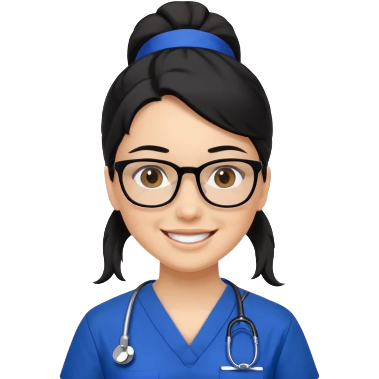 Nursing Assistant Training Completed, white woman, black hair in ponytail, brown eyes, black glasses, royal blue scrubs smiling happy emoji