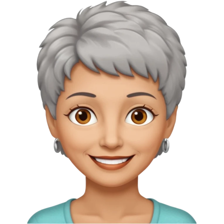 woman 50 years old, very short grey fluffy hair, tannes skin and brown eyes emoji