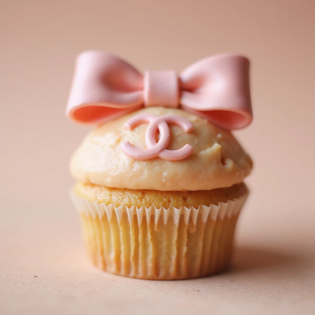 photorealistic pastel peach Chanel cupcake with a pink bow and edible Chanel logo, no background emoji