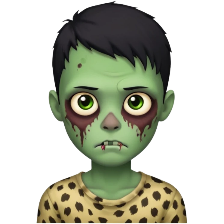 Zombie boy with green skin and sleepy eyes and scars on his face and a shirt that has cheetah texture and black hair emoji