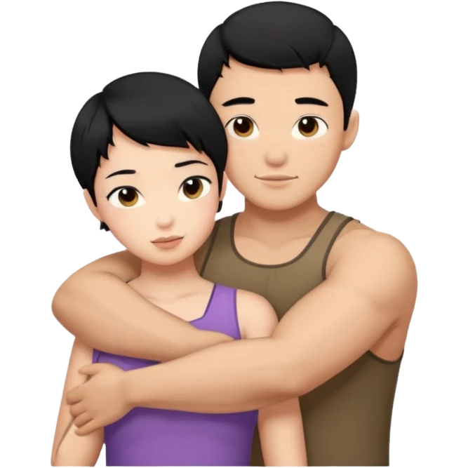 buff Asian Man black hair hugging girl with black pixie cut  emoji