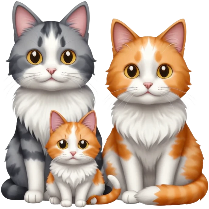 a fluffy grey and white cat sitting with 2 other cats emoji
