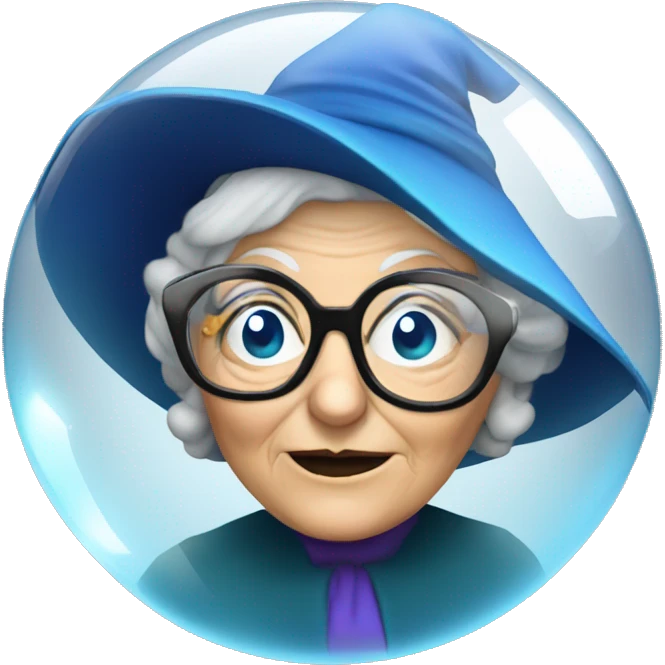 smart granny witch with glasses and blue hat in crystal ball emoji