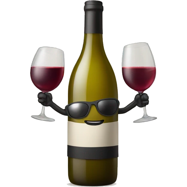 A bottle of wine character with arms, legs and sunglasses emoji