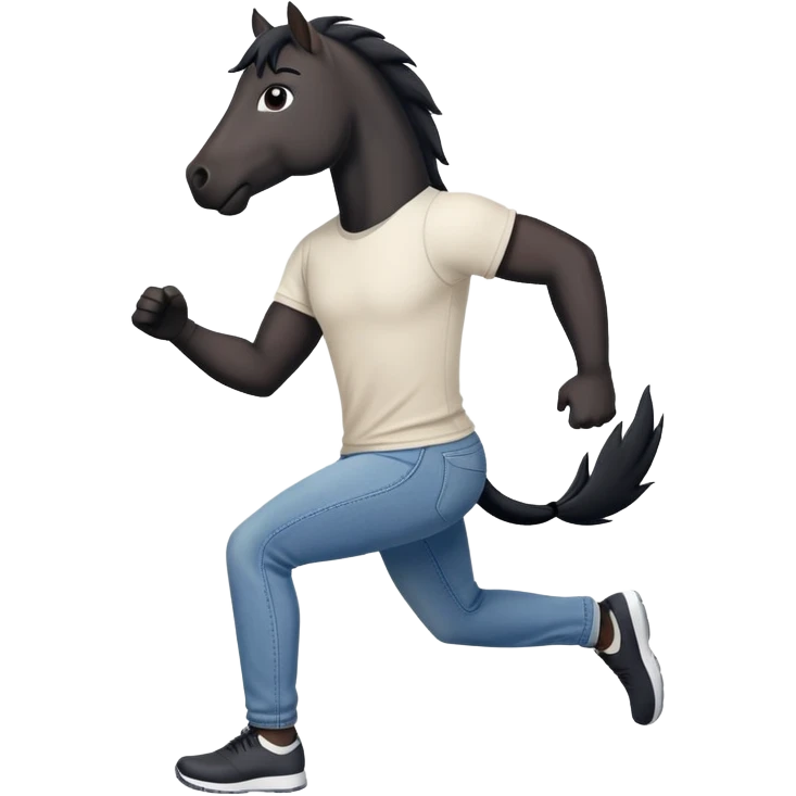 friendly anthropomorphised black stallion in jeans and a t-shirt, jogging upright in standard pose emoji