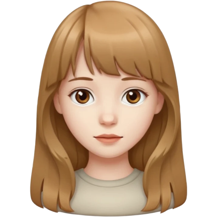 Pale skinned girl with light brown hair and dark brown eyes. She has bangs and her hair is slightly big wavy and long emoji