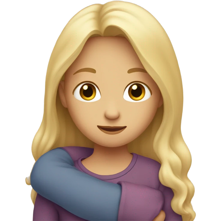 Mother, long blonde hair and son with dark hair and fair skin hugging emoji