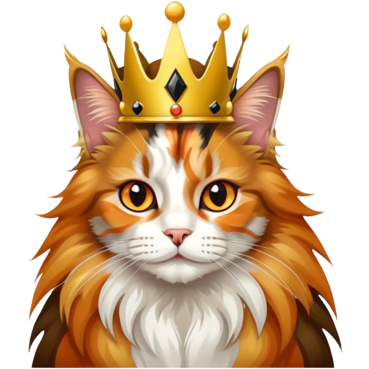 calico maine coon cat with orange, black and white patches wearing a golden crown emoji