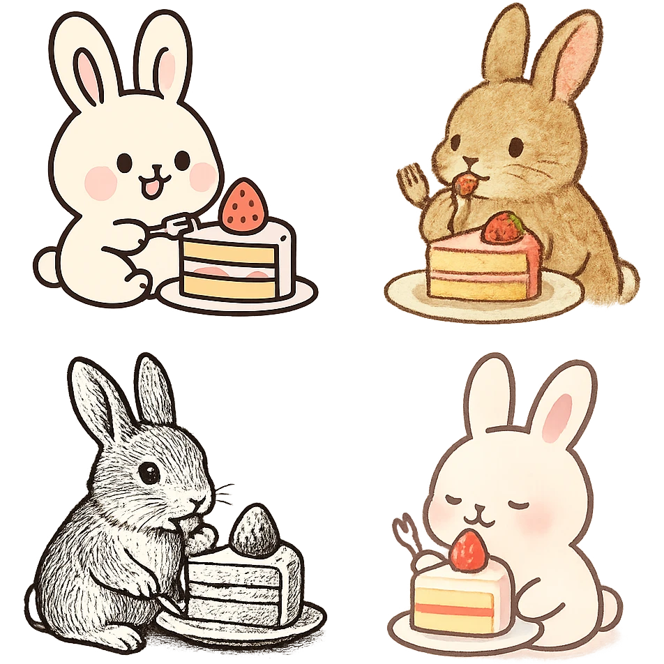 cute rabbit eating cake, various artistic styles emoji
