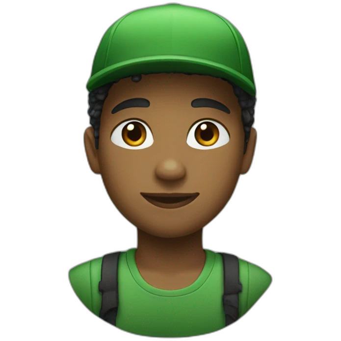 A boy wearing a green dress with written in it His hair is black and he's wearing a green cap. emoji
