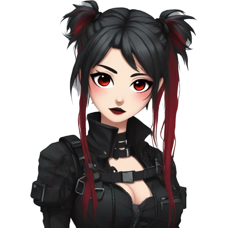 Gorgeous gothic dark techwear anime style lady with blushing face aesthetic and pretty edgy black red punk messy ponytail hair with collar and harness trending style emoji