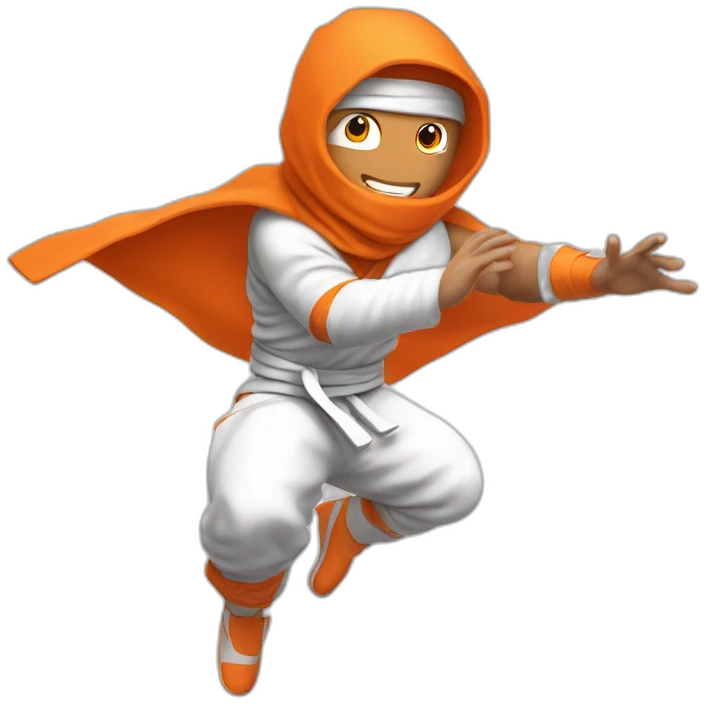 male Ninja Warrior athlete in orange white cloths, captured mid-air emoji