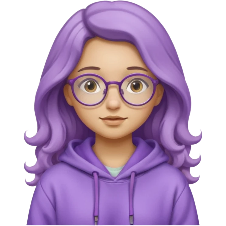 Chica de pelo largo y ondulado, con gafas redondas y expresión suave; viste una sudadera lila y transmite un estilo tranquilo y relajado. emoji