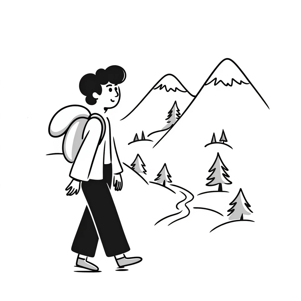 person hiking down one mountain and then climbing up another mountain, showing mountain valley between emoji