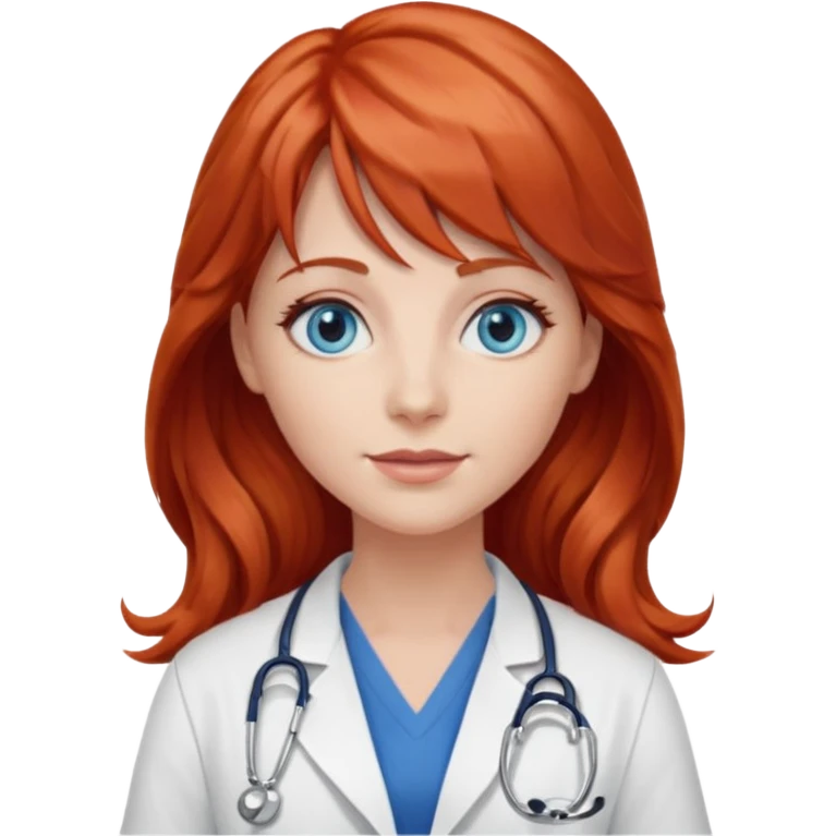 female doctor with long wavy red hair, blue eyes, and bangs emoji