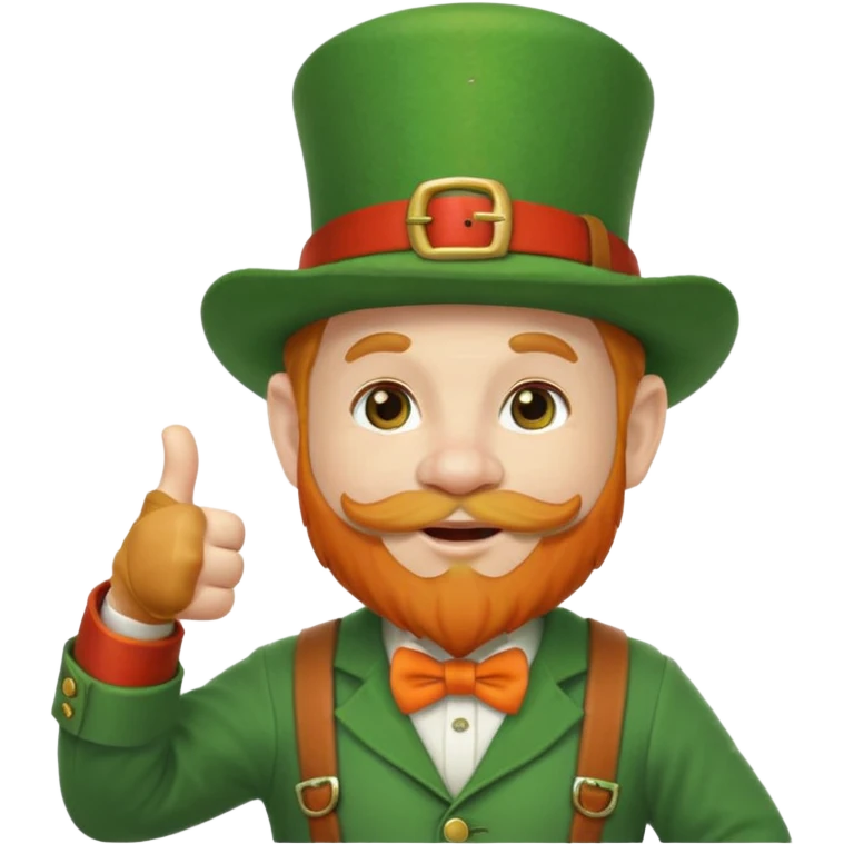leprechaun looking up, and giving a thumbs up. on his left hand, he is holding his waist. change the hat band with orange band and a red belt. change the facial hair to white. on his mouth, he is smoking a red pipe. the pipe is on his lip. emoji
