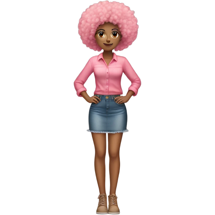 Tan girl with Afro and pink button top and jean skirt full body posing emoji